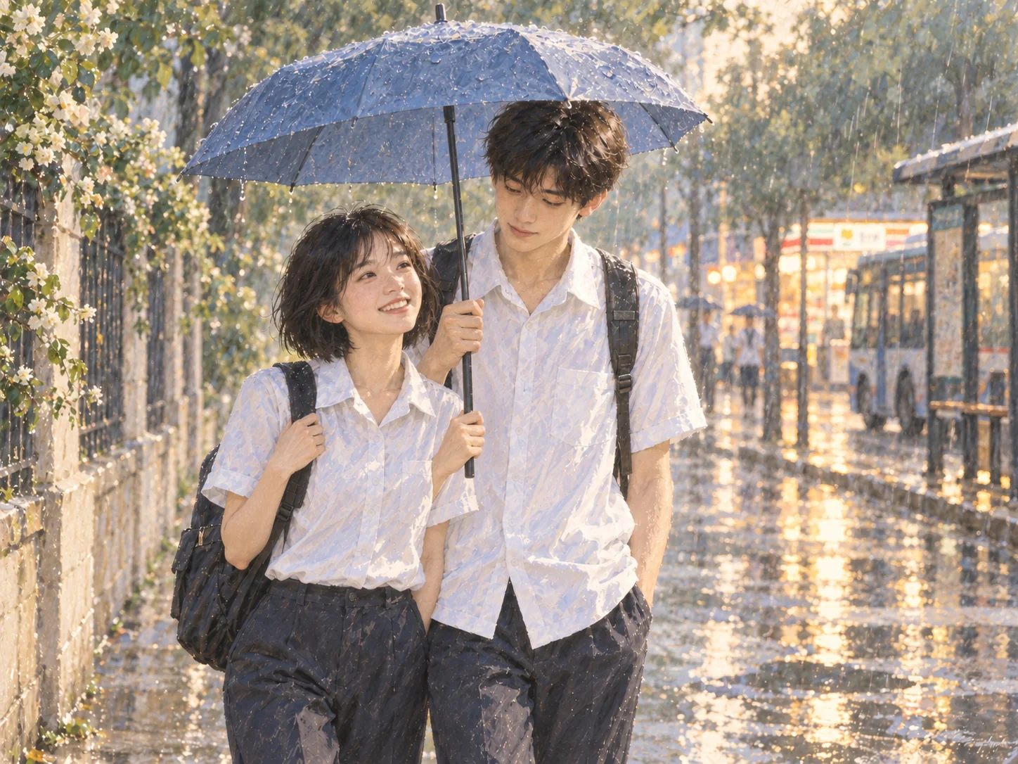 放学后的雨路上，短发许知夏和周诚并肩走着，两个人一起握住伞柄